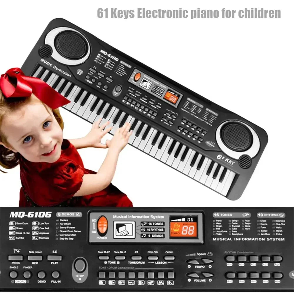 Black kids electronic piano with 61 keys, built-in speakers, digital display, and microphone education toys for beginners