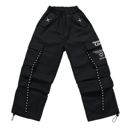 Black cargo pants with white star embroidery pockets silver studs side seams and maiden style patch for kids hiphop dance style y2k streetwear