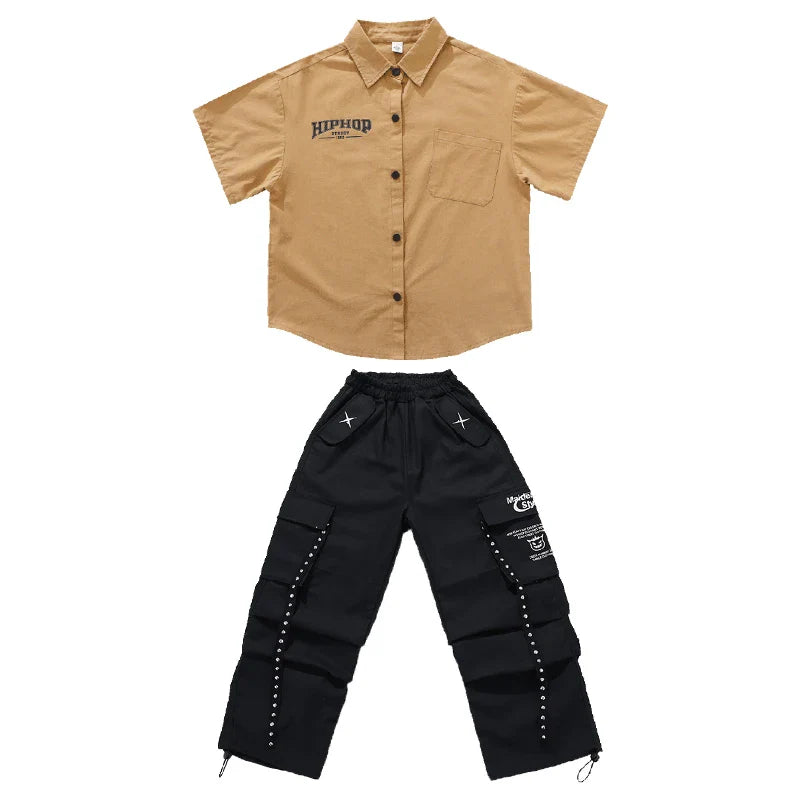 Tan short-sleeved button-up shirt with hiphop print for kids hiphop dance and style y2k streetwear accessories