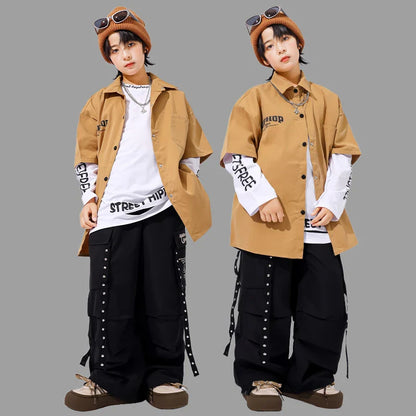 Tan oversized button-up shirt with white sleeves and black graphics for kids hiphop dance y2k streetwear accessories