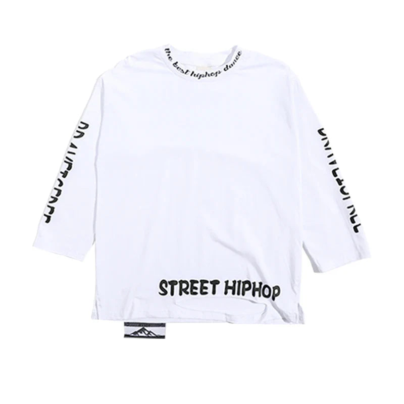 White long sleeved kids hiphop dance t-shirt with black text and mountain logo in style y2k streetwear accessories