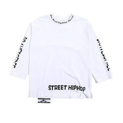 White long sleeved kids hiphop dance t-shirt with black text and mountain logo in style y2k streetwear accessories