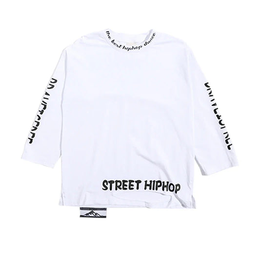 White long sleeved kids hiphop dance t-shirt with black text and mountain logo in style y2k streetwear accessories