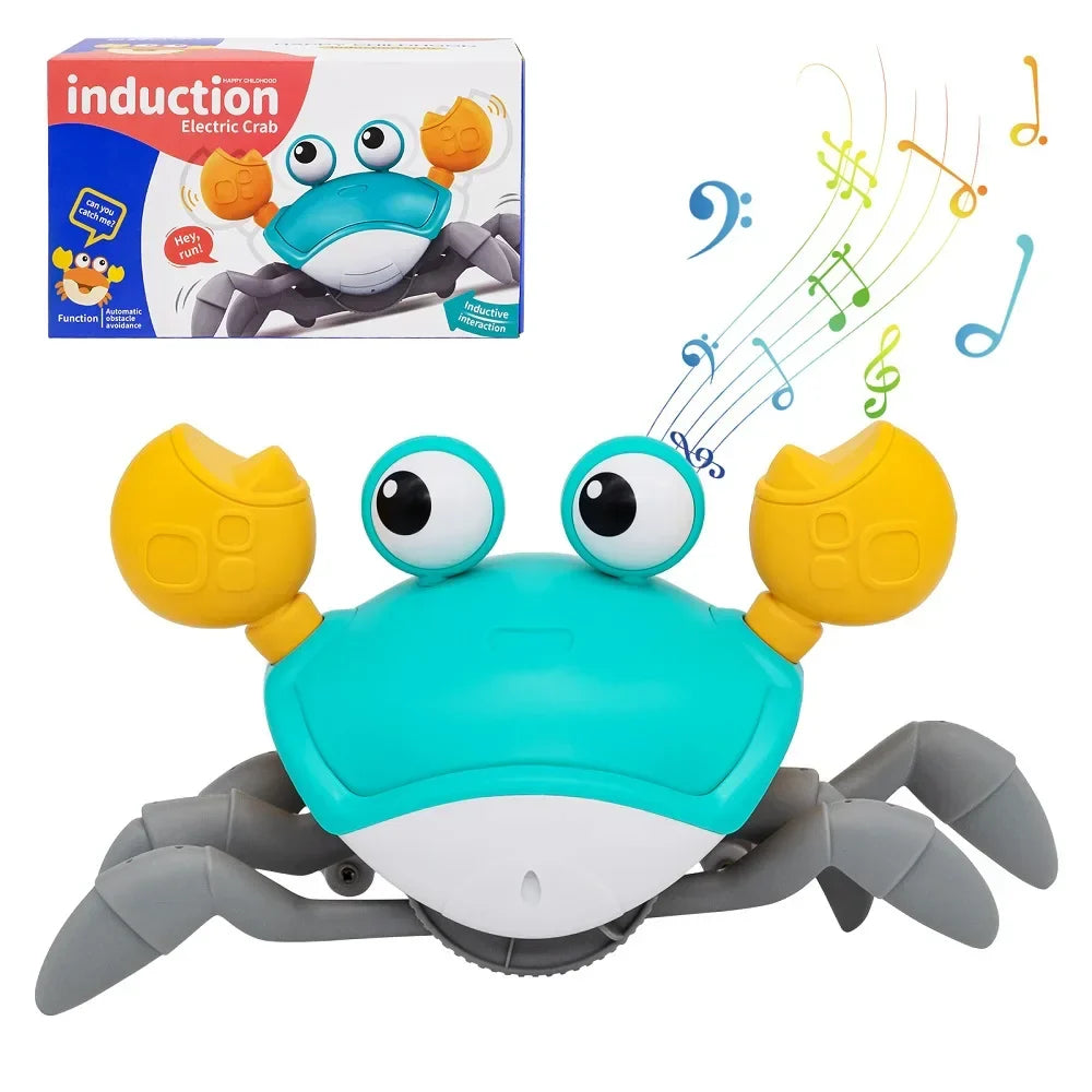 Turquoise and yellow induction escape crab electronic toy with black eyes gray legs and white underbelly for toddlers