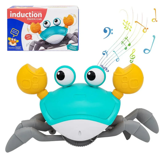 Turquoise and yellow induction escape crab electronic toy with black eyes gray legs and white underbelly for toddlers