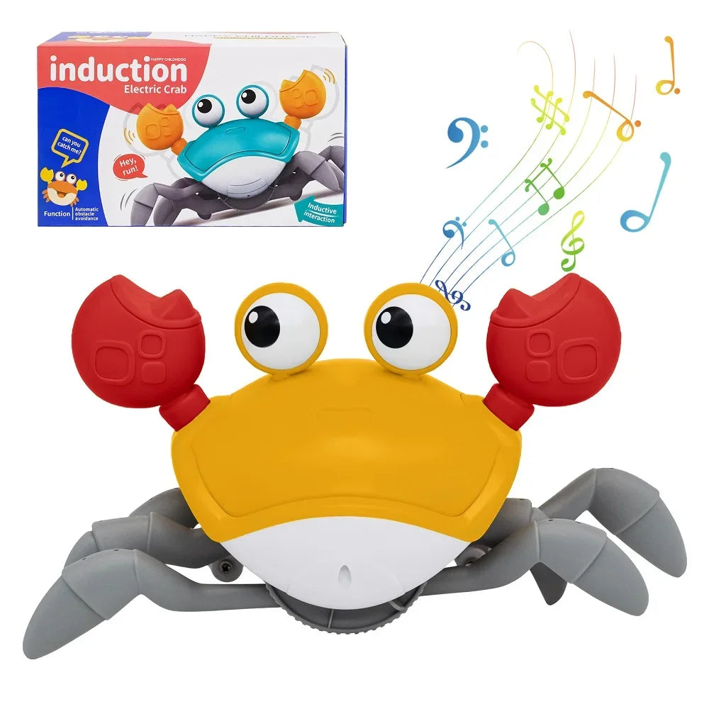 Bright yellow and red induction escape crab toy with gray legs and musical design for baby electronic pets