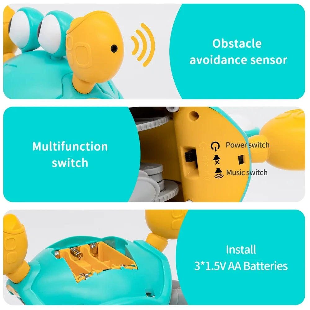 Bright yellow and teal plastic baby electronic pets robot toy with articulated limbs for induction escape crab octopus crawling play