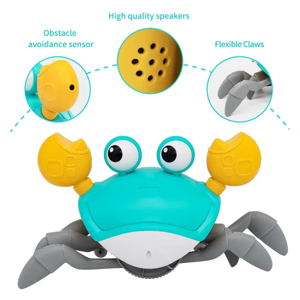 A turquoise and yellow induction escape crab toy with flexible gray claws white underbelly and large cartoon eyes for baby electronic pets
