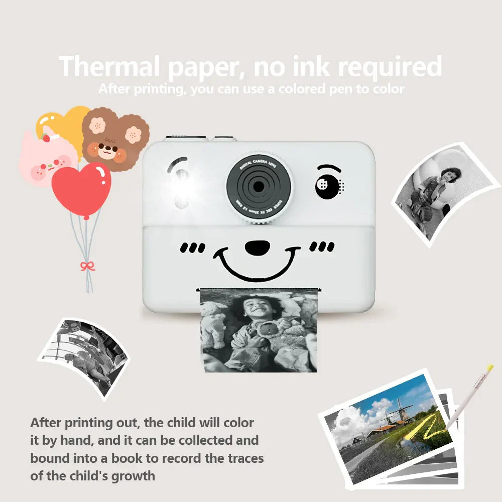 White kids instant print camera with black lens smiling face design includes 32gb memory card photo&video&puzzle for girls aged 4+