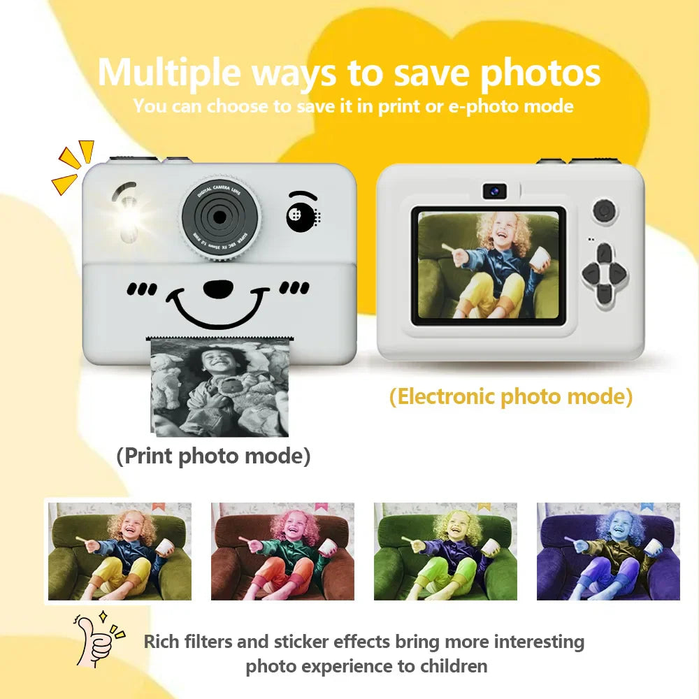 White kids instant print camera with smiling face design black lens 32GB memory card photo video puzzle for girls aged 4+