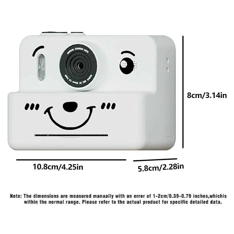 White plastic kids instant print camera with black cartoon face design and 32gb memory card photo&video&puzzle functions for girls aged 4+