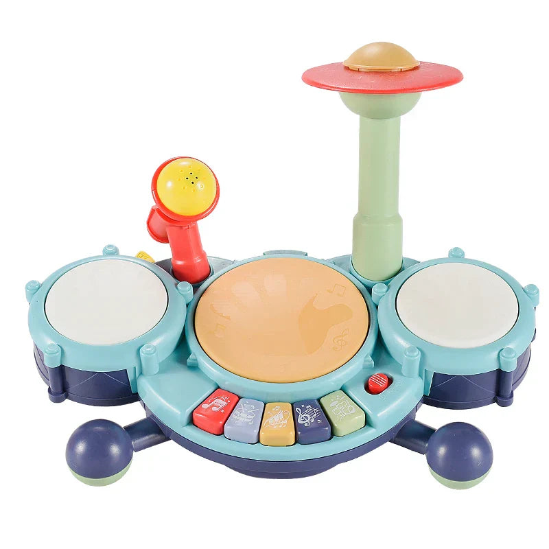 Blue and purple kids jazz drums set with red microphone beige cymbal and colorful keys instrument kit multifunctional toddler play