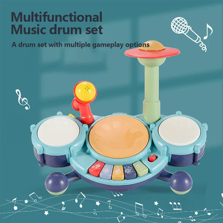 Kids jazz drums set featuring brightly colored multifunctional toddler play instrument kit with microphone and key buttons