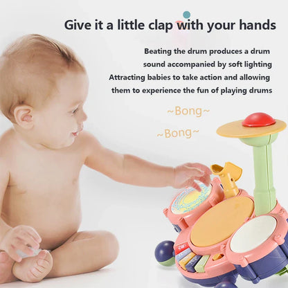 Pink and blue kids jazz drums instrument kit multifunctional toddler play toy with colorful drums and red top button