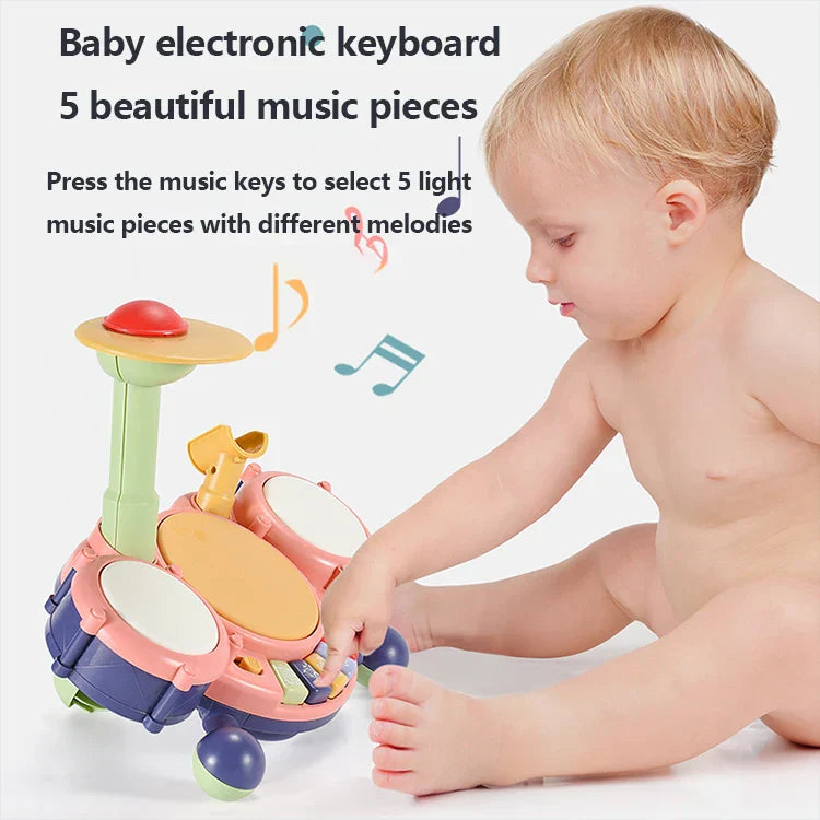 Pink and blue kids jazz drums multifunctional toddler play instrument kit with colorful drum pads and red top button