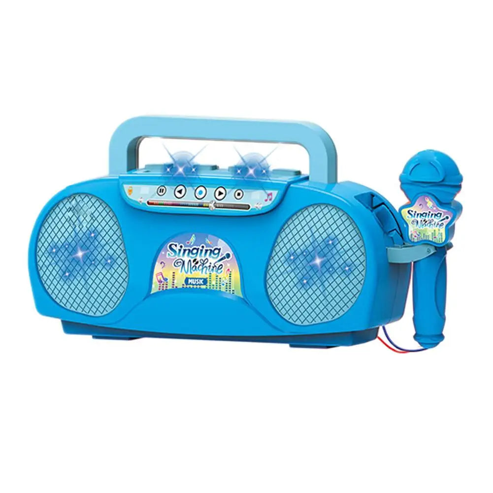 Bright blue plastic kids karaoke machine with matching microphone and colorful stickers for outdoor travel educational gift