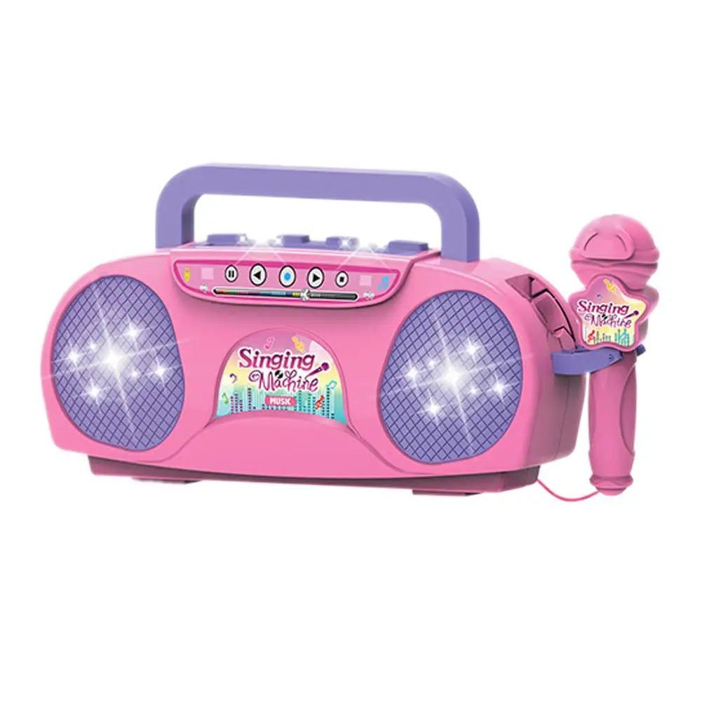 Pink plastic kids karaoke machine with purple speaker grilles and matching microphone for outdoor travel educational gift