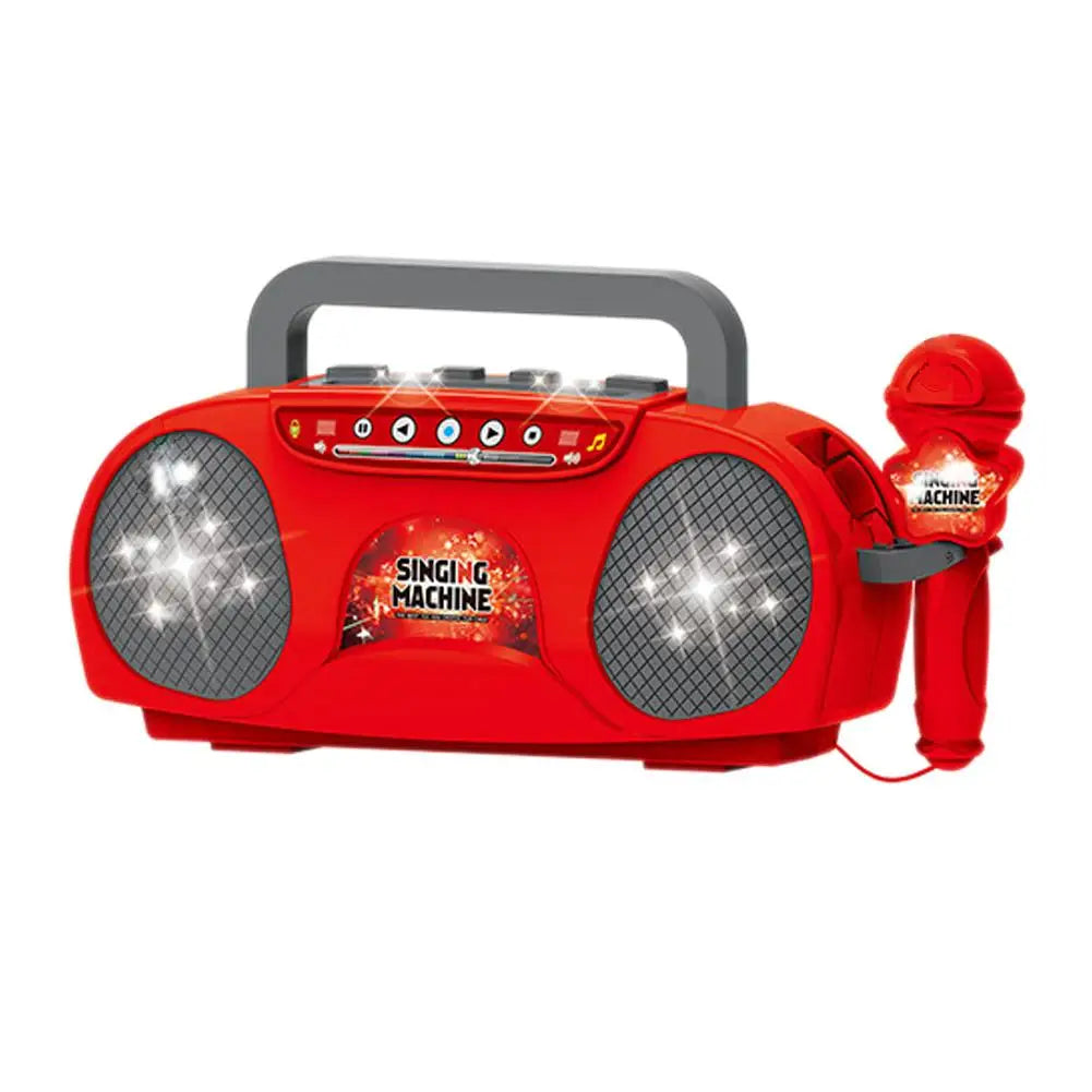 Red plastic kids karaoke machine with gray speaker grilles and matching microphone for outdoor travel educational gift