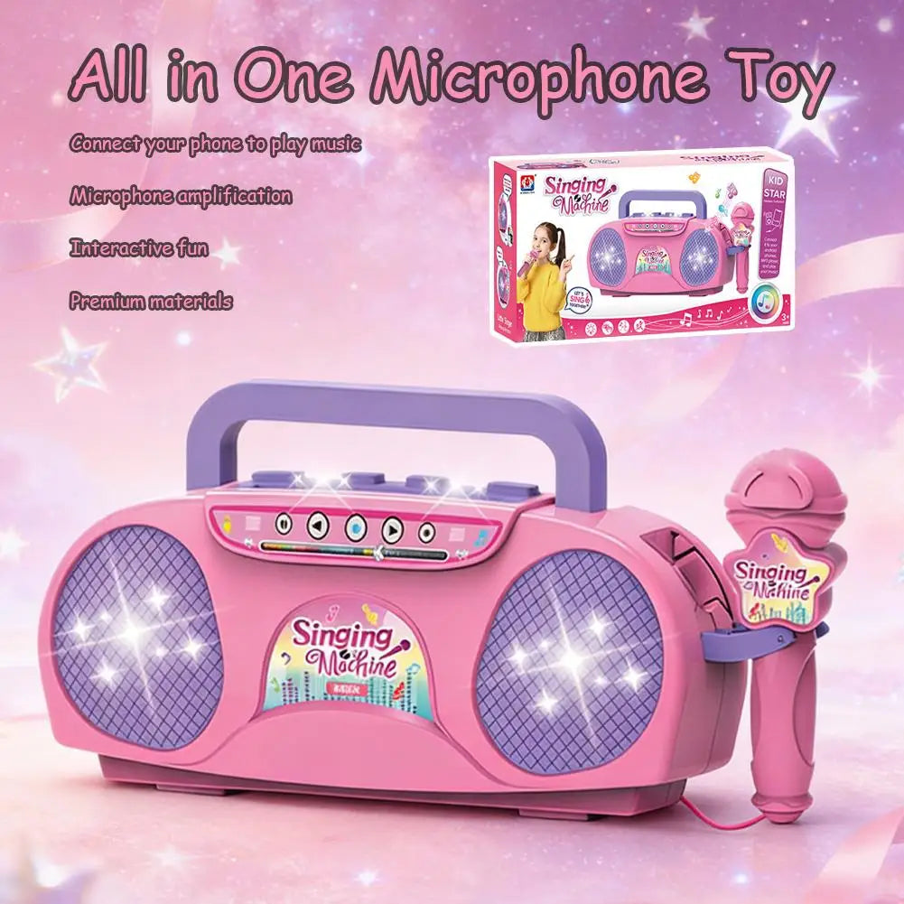 Pink plastic all-in-one kids karaoke machine with purple accents and matching microphone for outdoor travel educational gift