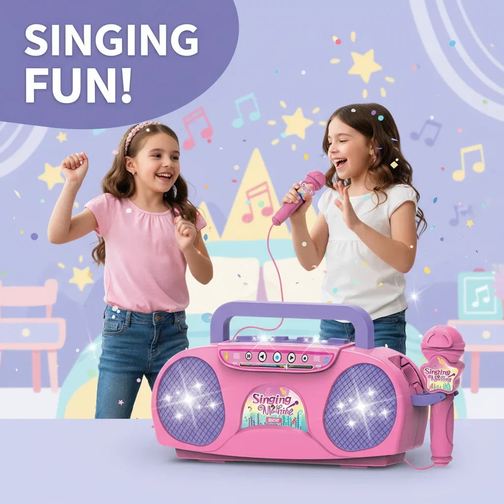 Pink kids karaoke machine with purple accents and glittery speaker grilles for outdoor travel educational gift use