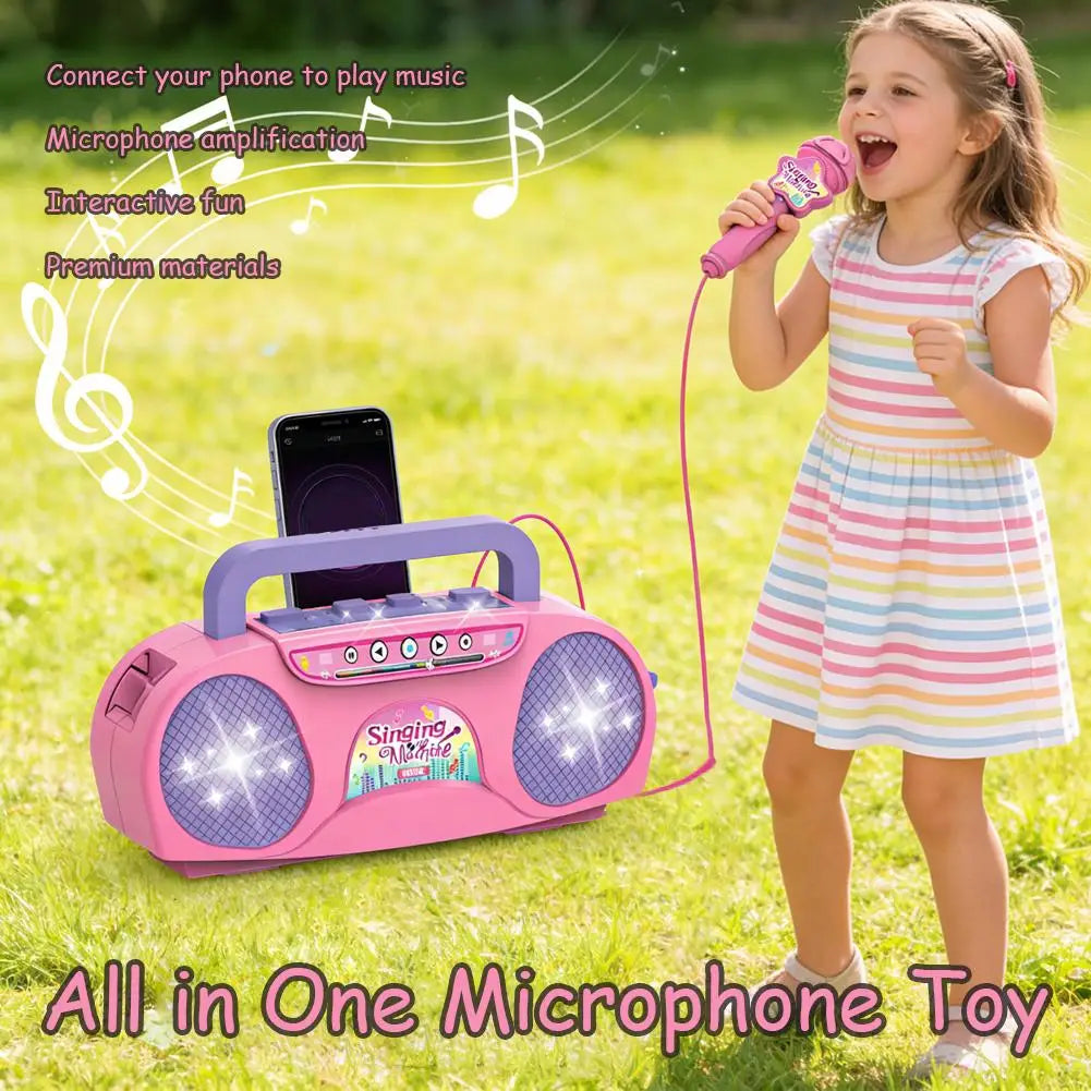 Pink and purple kids karaoke machine with built-in boombox and light for outdoor travel educational gift use
