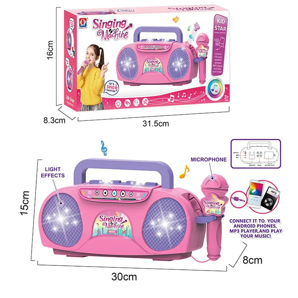Pink and purple plastic kids karaoke machine with microphone labeled singing machine for outdoor travel educational gift