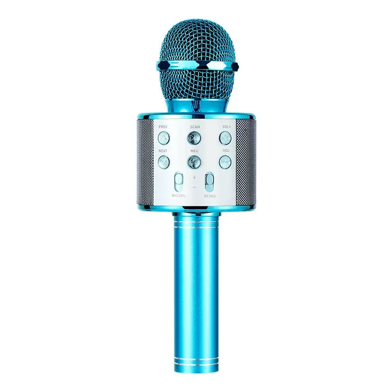 A sleek turquoise kids karaoke microphone with mesh grille and buttons ideal for girl toys christmas birthday gifts