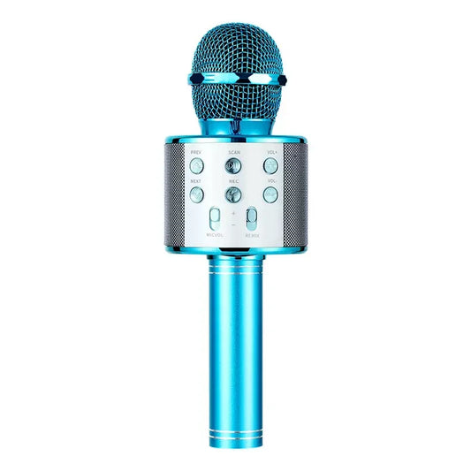 A sleek turquoise kids karaoke microphone with mesh grille and buttons ideal for girl toys christmas birthday gifts