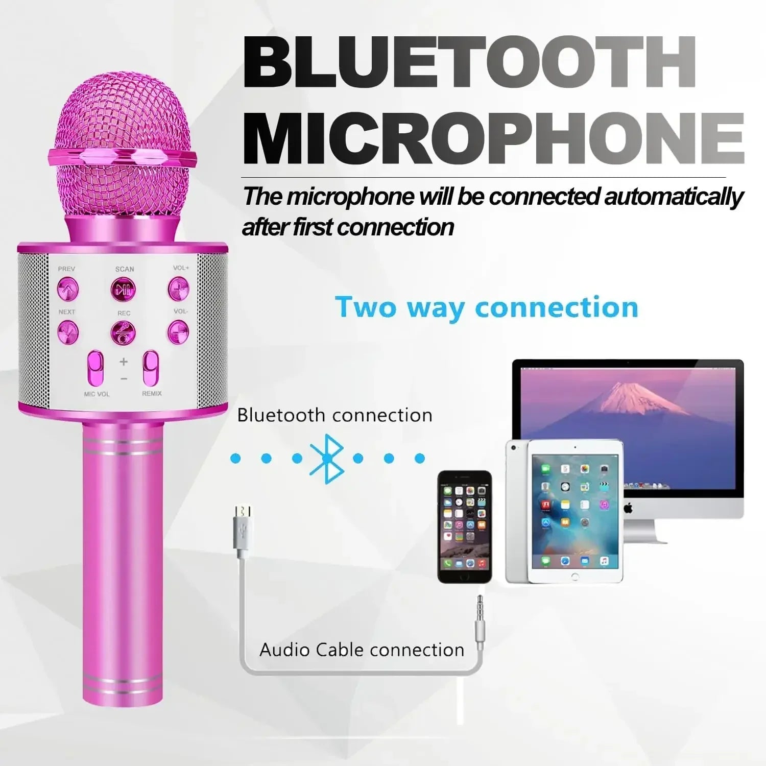 Pink kids karaoke microphone with mesh grille and control buttons ideal for girl toys christmas birthday gifts