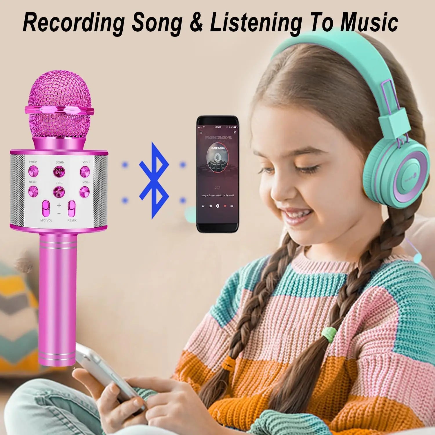 Pink kids karaoke microphone with mesh grille and control buttons ideal for girl toys christmas and birthday gifts