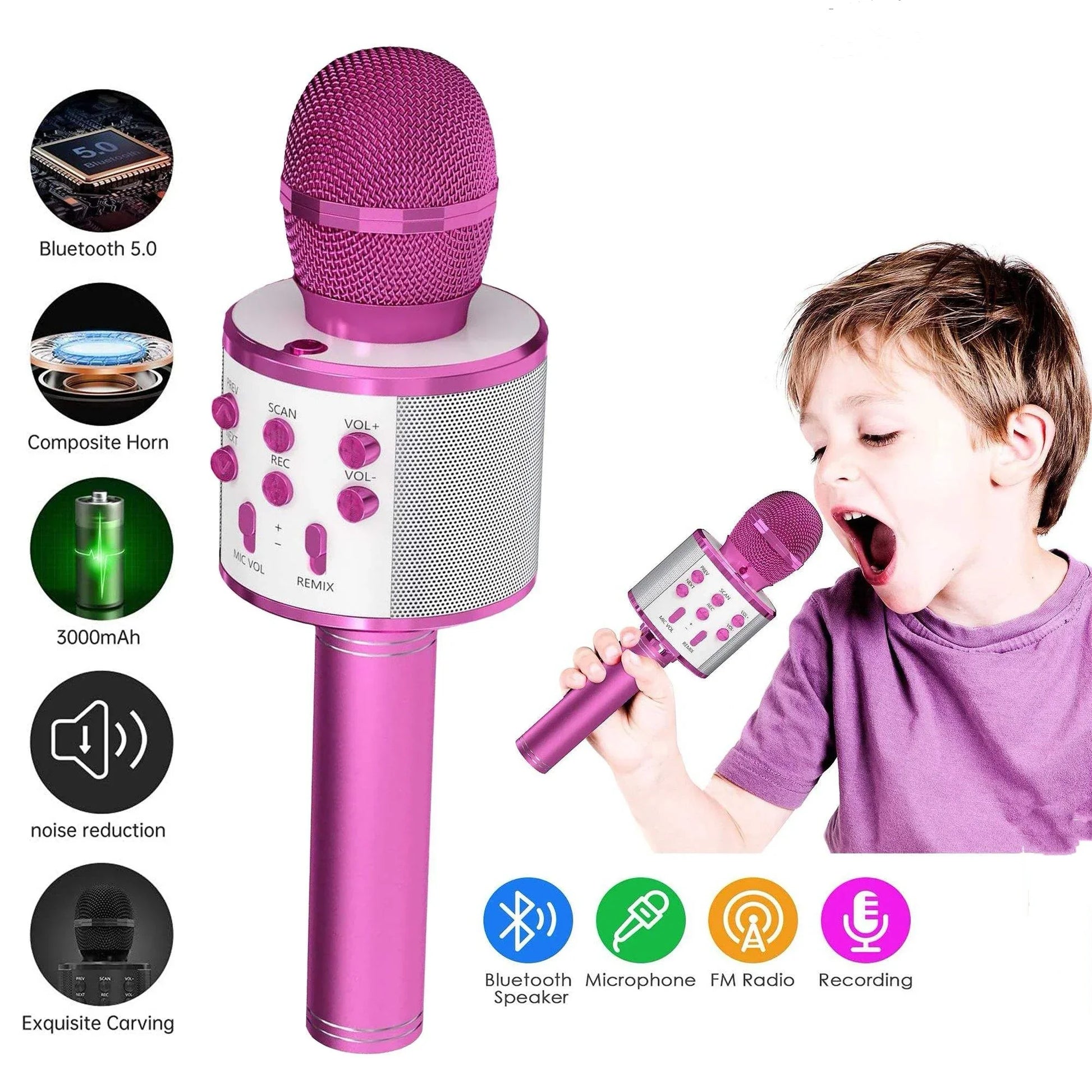 Pink wireless kids karaoke microphone with mesh grille silver accents and control buttons for girl toys christmas gifts