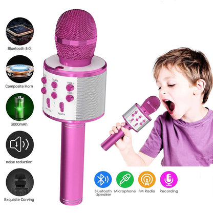Pink wireless kids karaoke microphone with mesh grille silver accents and control buttons for girl toys christmas gifts