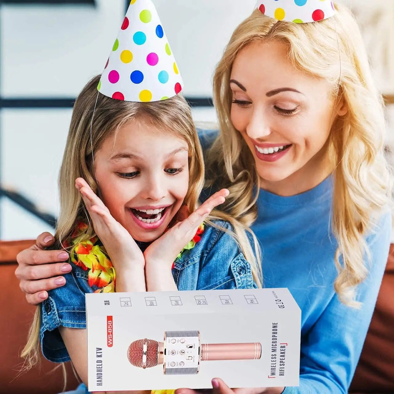 Rose gold kids karaoke microphone with built-in speaker and control buttons ideal for girl toys christmas gifts