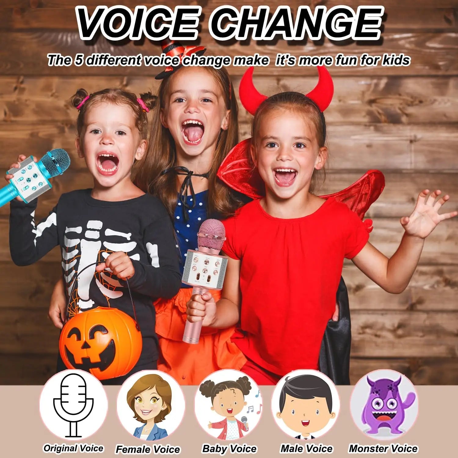 Three children using kids karaoke microphone with five voice effects ideal for girl toys christmas and birthday gifts