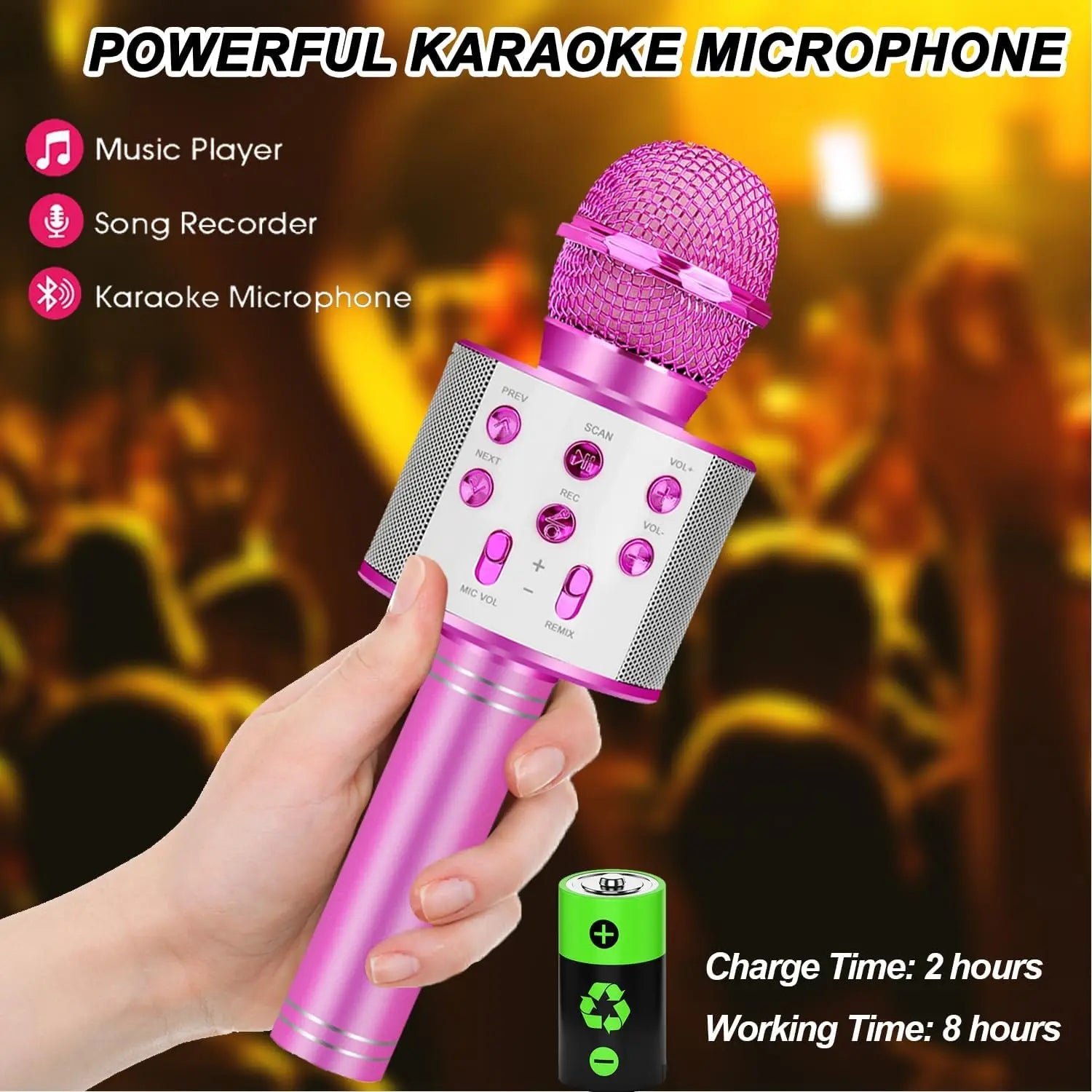 A vibrant pink kids karaoke microphone with silver mesh grille and control buttons ideal for girl toys christmas gifts