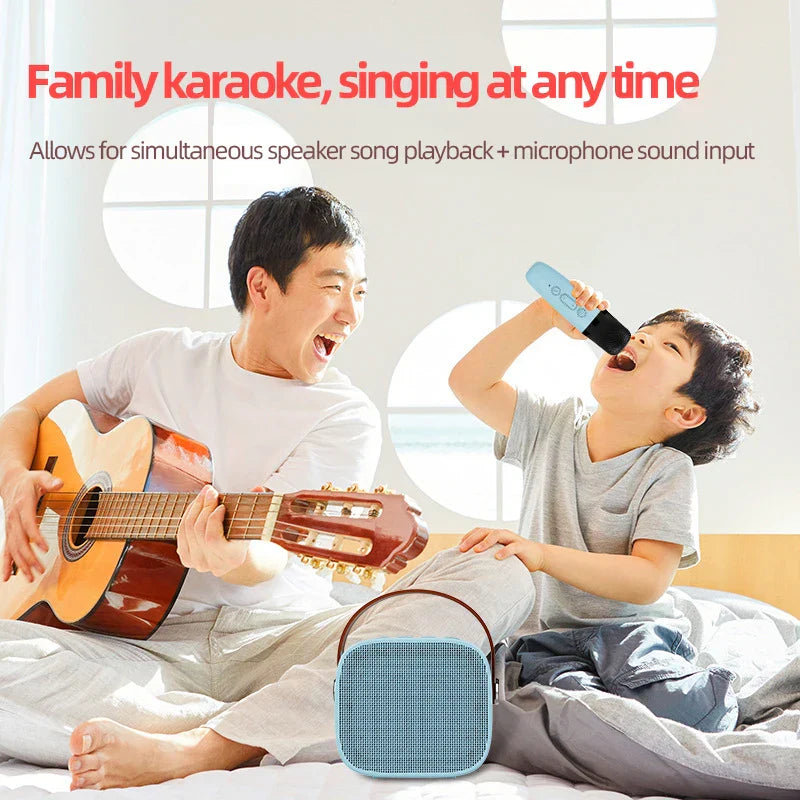 Light blue kids karaoke microphone mini bluetooth speaker with fabric grille and leather handle for outdoor entertainment ktv