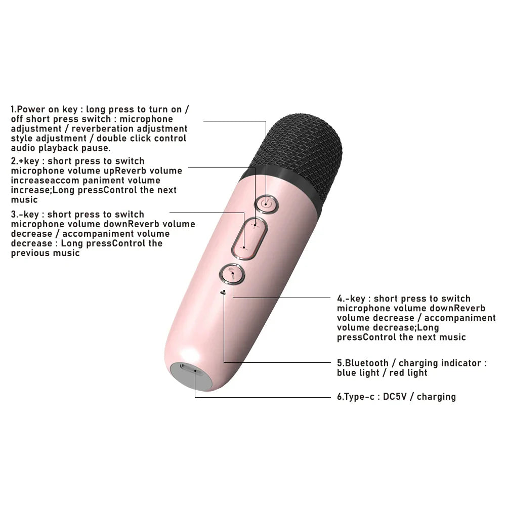 Pink kids karaoke microphone with black mesh grille silver buttons mini bluetooth speaker for outdoor entertainment ktv