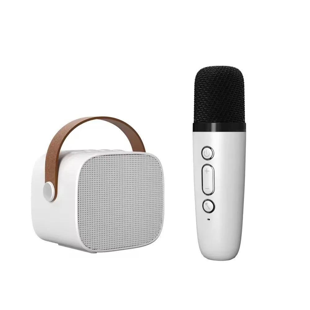 White kids karaoke microphone set with brown leather handle mini bluetooth speaker for outdoor entertainment ktv