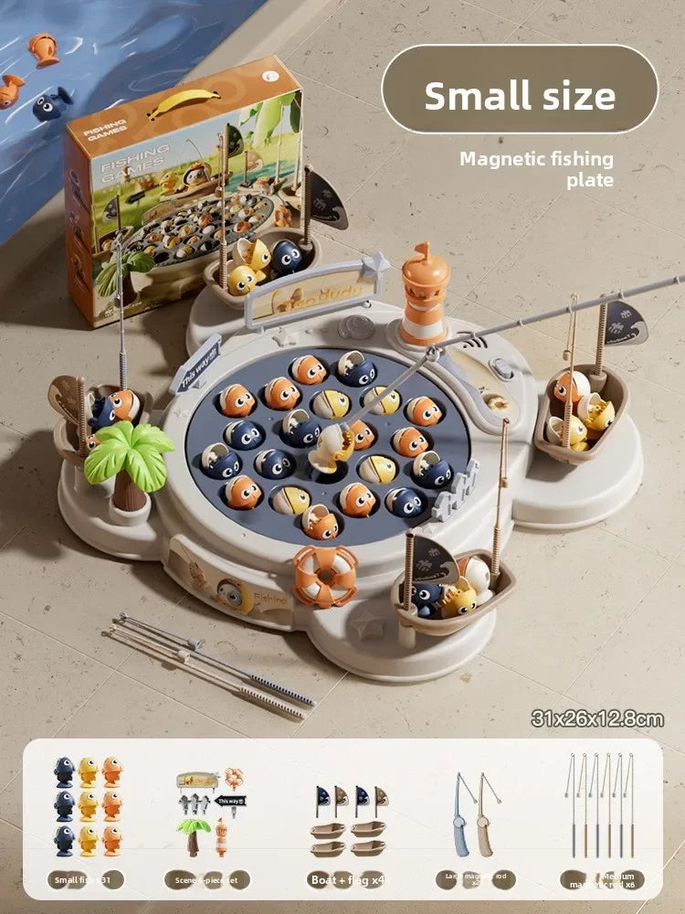 The fishing series kids magnetic fishing toy set features colorful plastic fish boats off-white base with music spinning game