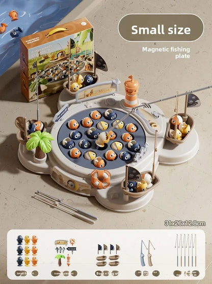 The fishing series kids magnetic fishing toy set features colorful plastic fish boats off-white base with music spinning game