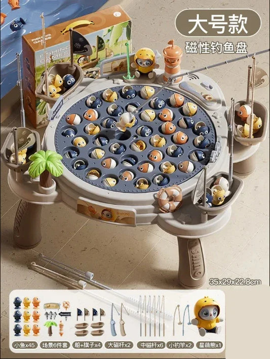 Gray magnetic fishing table with colorful cartoon fish and character accessories for kids magnetic fishing play and music spinning game
