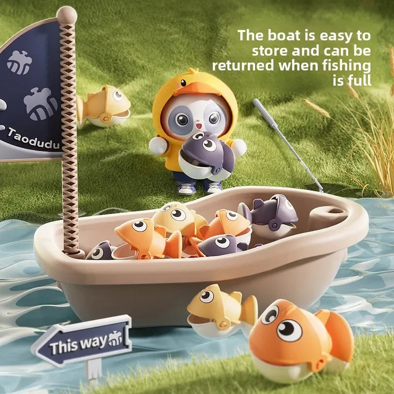 Beige plastic kids magnetic fishing boat with blue and white striped sail holding orange and purple toy fish for music spinning game