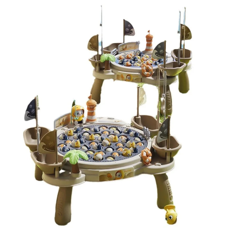 Beige plastic two-tiered kids magnetic fishing table with pirate decor and colorful fish targets for children electric fishing music spinning game