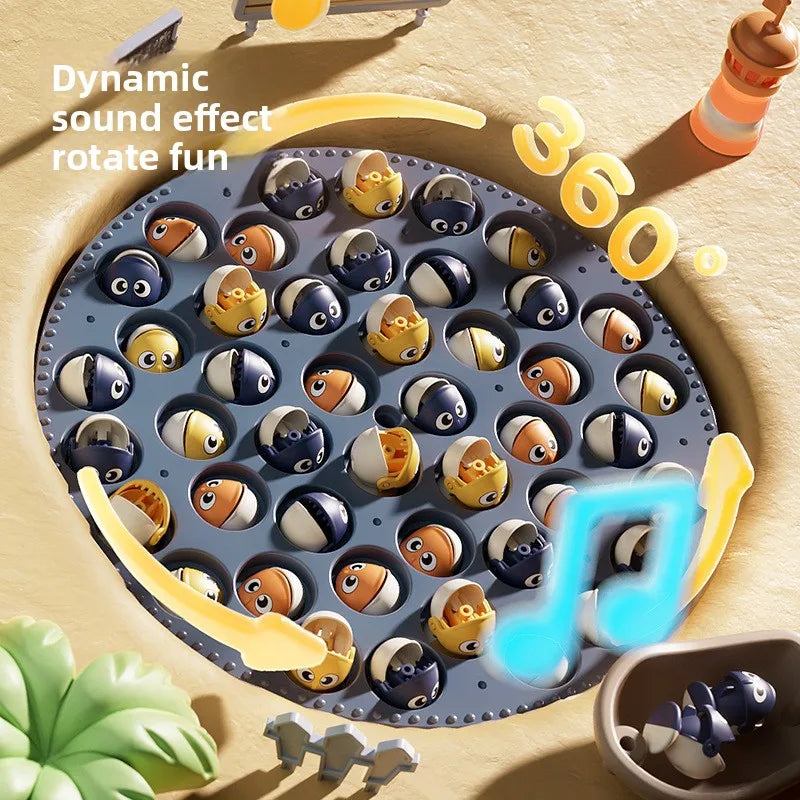Circular kids magnetic fishing toy with colorful cartoon fish eggs in a music spinning game electric fishing tray