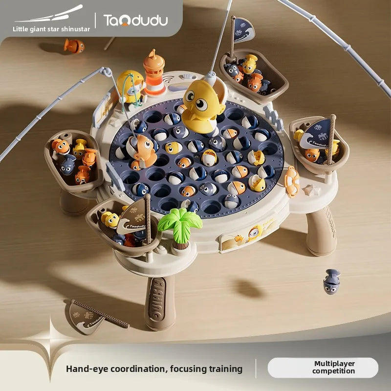 Cream-colored plastic kids magnetic fishing game with colorful fish grid and music spinning game features for children electric fishing play