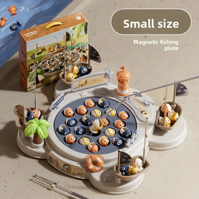 White magnetic fishing plate with colorful cartoon fish and boats for kids magnetic fishing music spinning game toy
