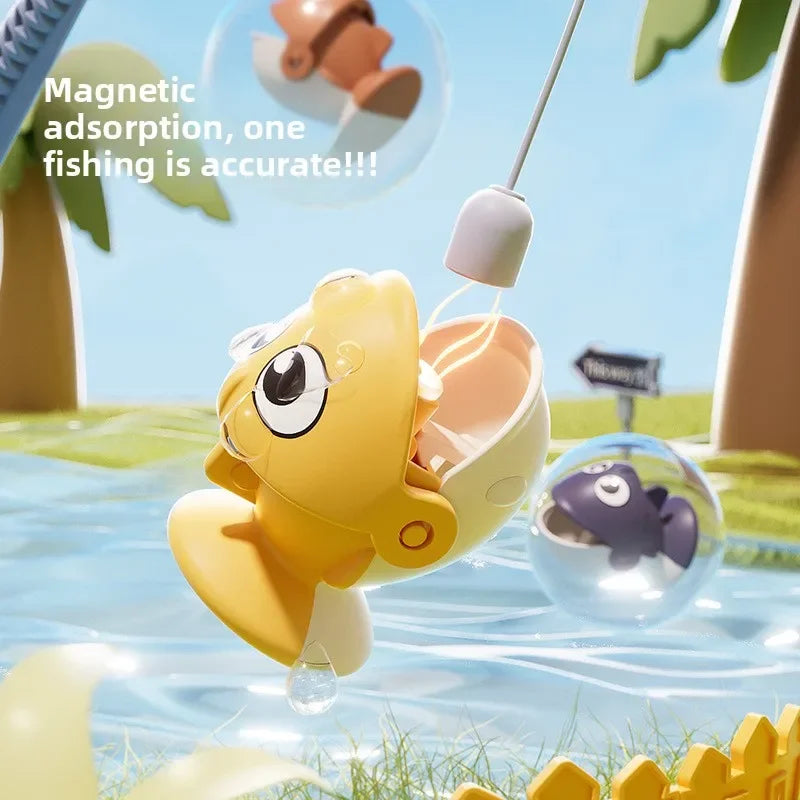Yellow plastic fish-shaped kids magnetic fishing toy with electric music spinning game for children educational play