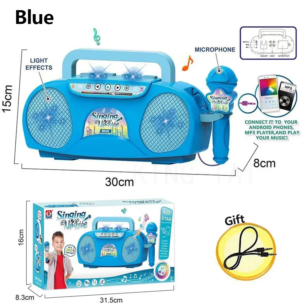 Bright blue plastic kids microphone karaoke machine with matching microphone and light effects for educational toy gift