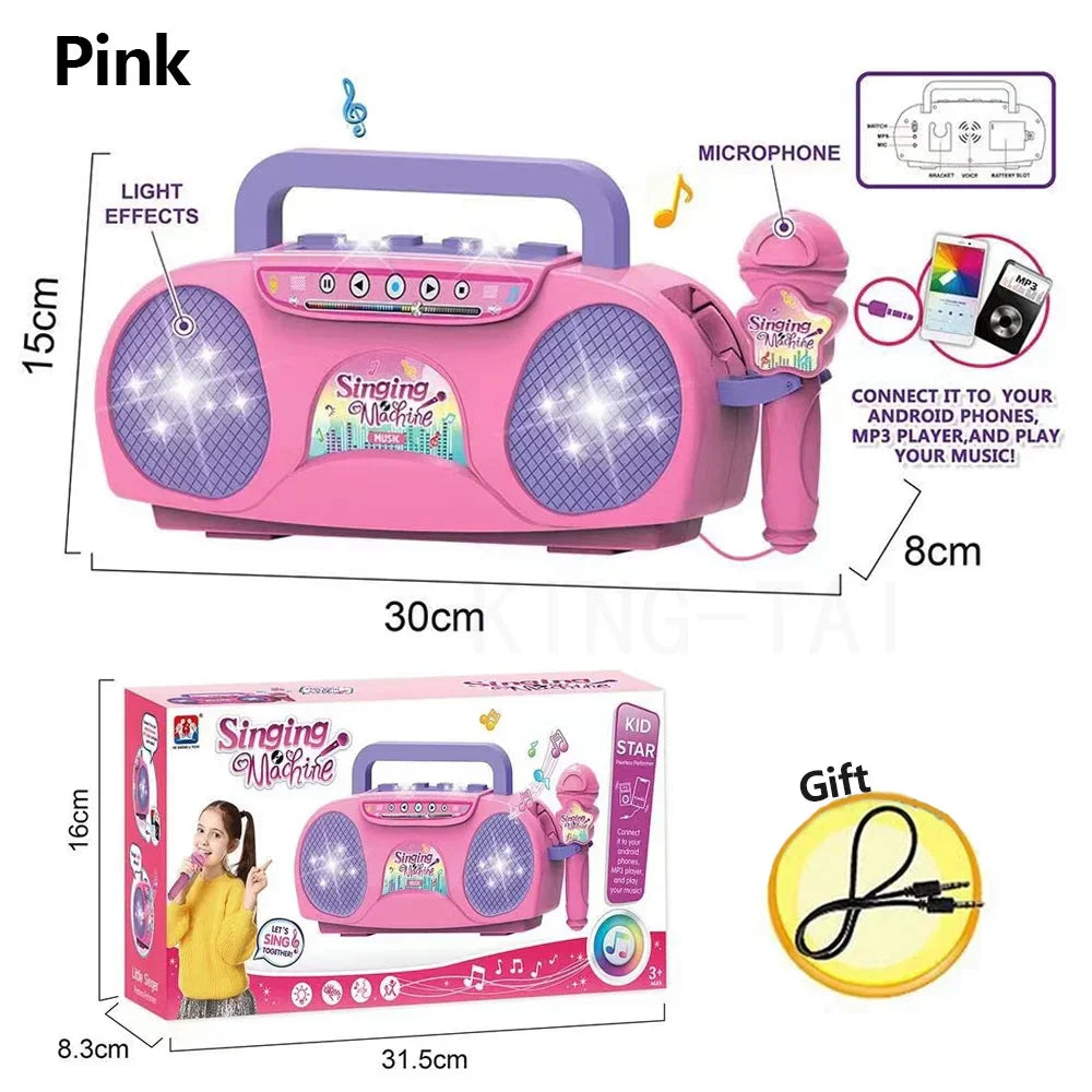 Pink and purple plastic kids microphone karaoke machine with light for travel educational toy gift use with android or mp3 players