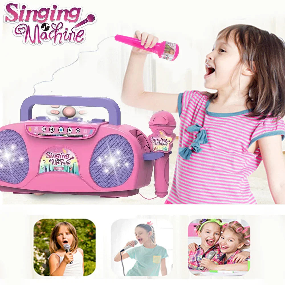 Pink plastic kids microphone karaoke machine with purple handle speakers two microphones educational toy gift